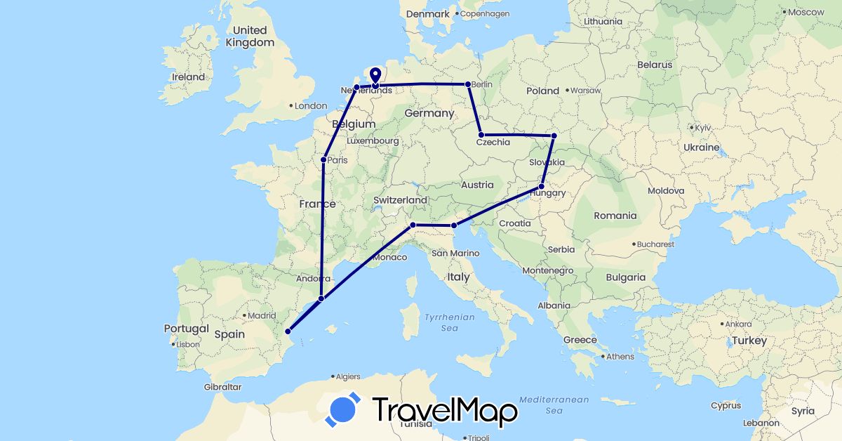 TravelMap itinerary: driving in Czech Republic, Germany, Spain, France, Hungary, Italy, Netherlands, Poland (Europe)